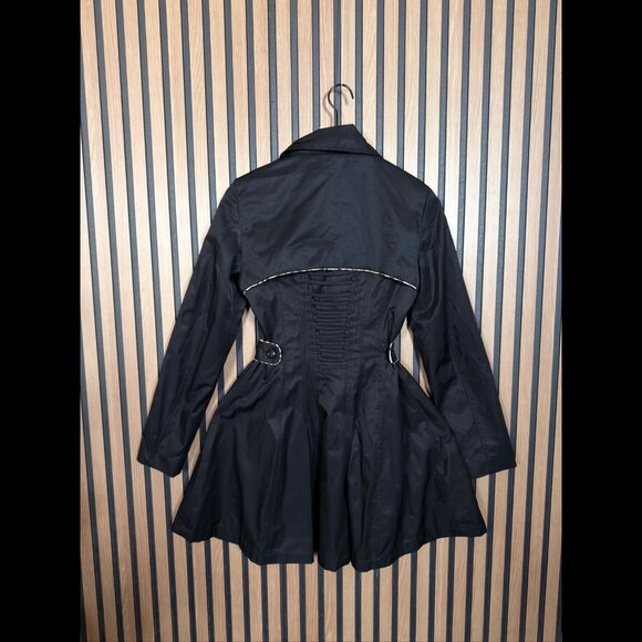 Betsey Johnson Trench Coat Small Black Double-Breasted Belted Stretch Hooded - Picture 2 of 7